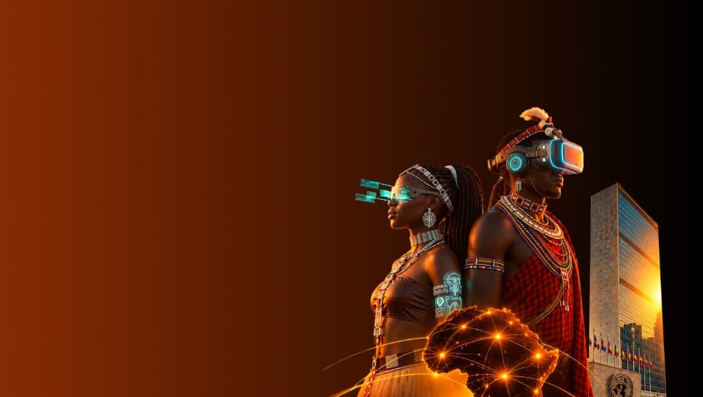 Africa AI Village artwork: two Maasai figures wearing AR and VR headsets beside the United Nations headquarters